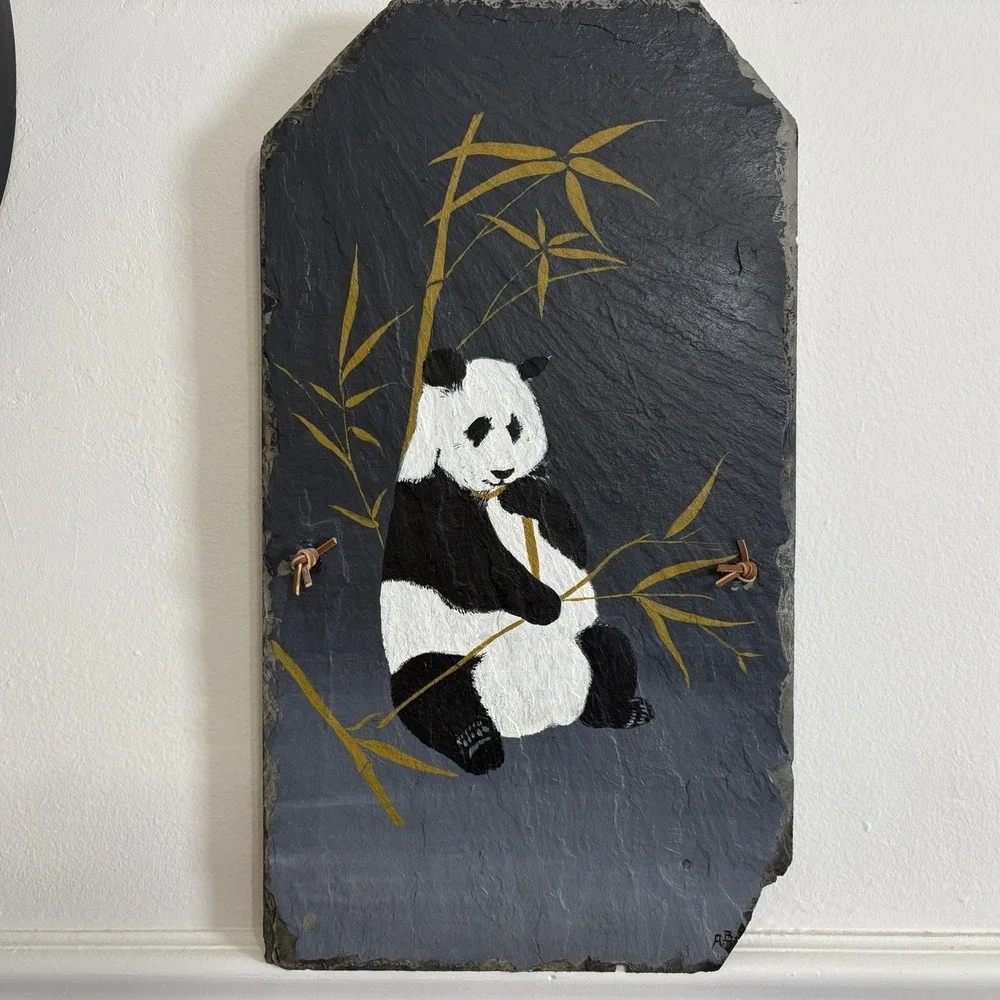 Vtg Stone Slate Hand Painted Panda Bear Bamboo Hanging Wall Decor 20